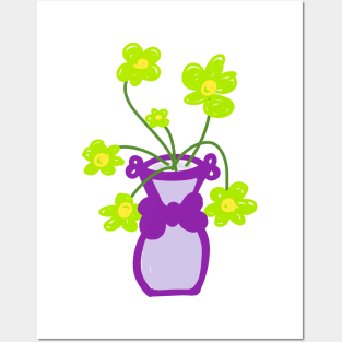 GREEN FLOWERS IN VASE WITH PURPLE BOW Posters and Art